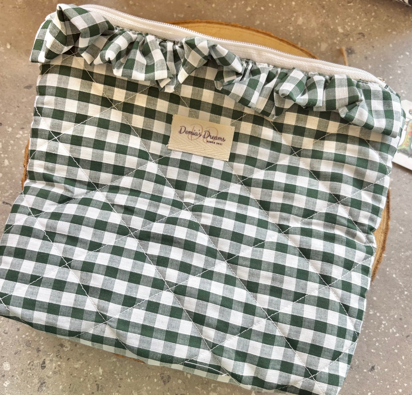 Green gingham toiletry bag with ruffle