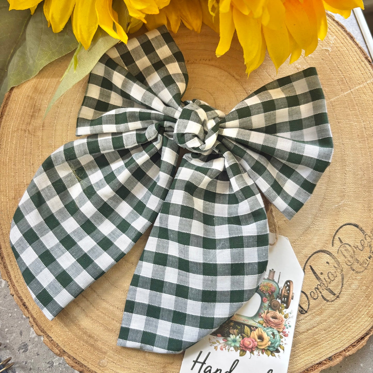 Green gingham handmade hair bow