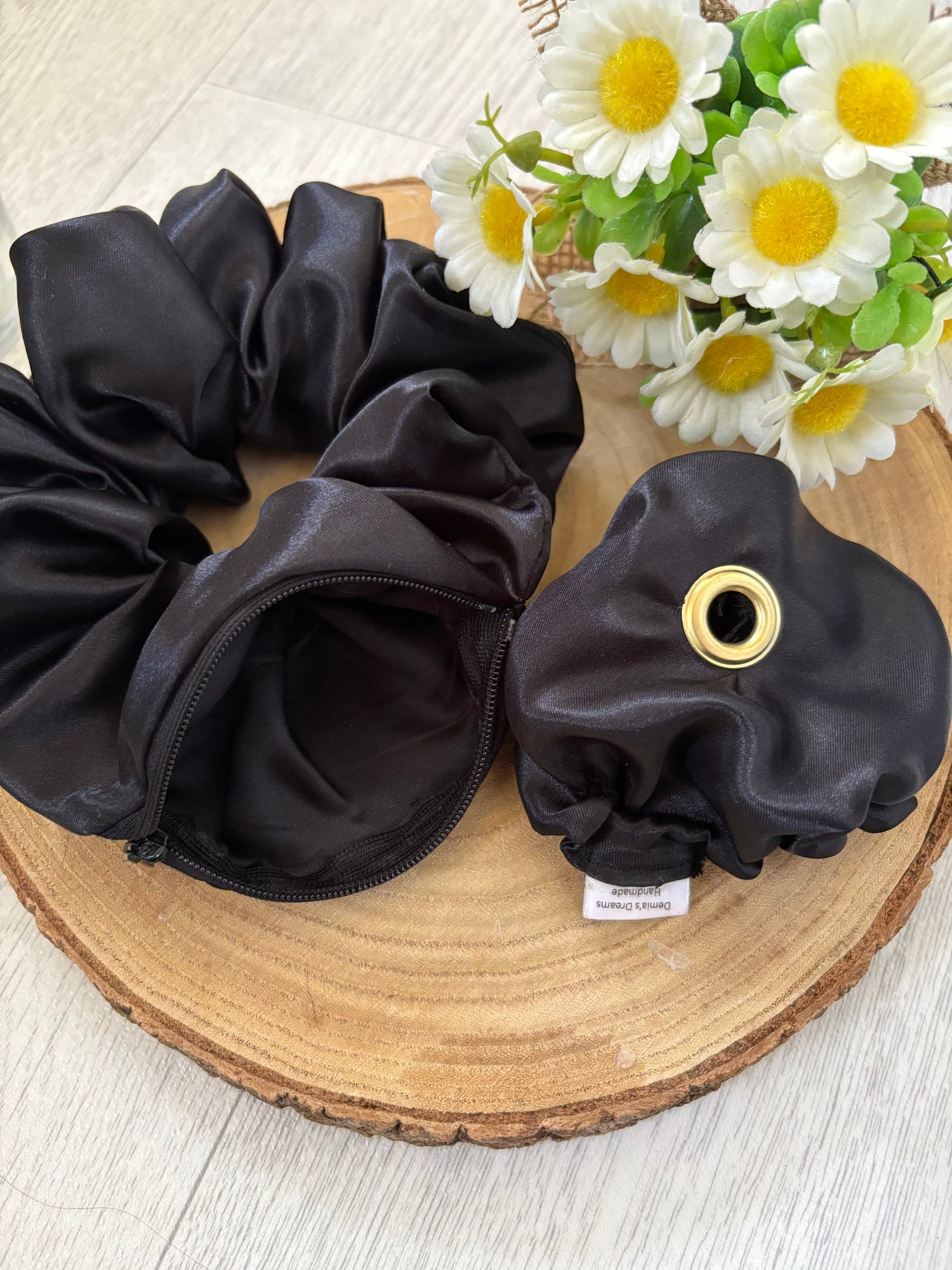 Zipper Hair Scrunchie with glass covering.