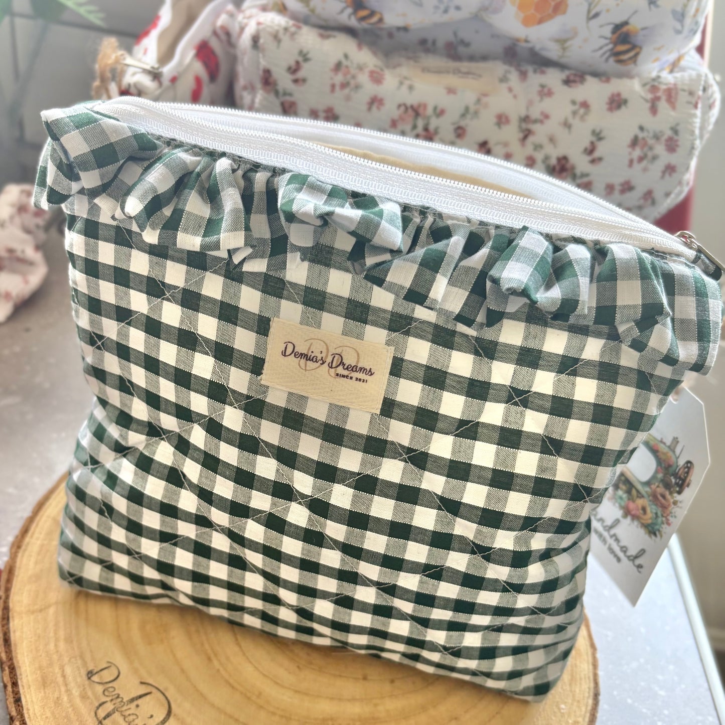 Green gingham toiletry bag with ruffle