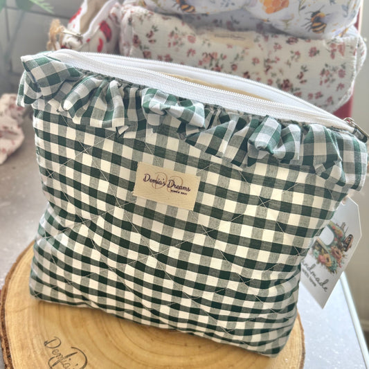 Green gingham toiletry bag with ruffle