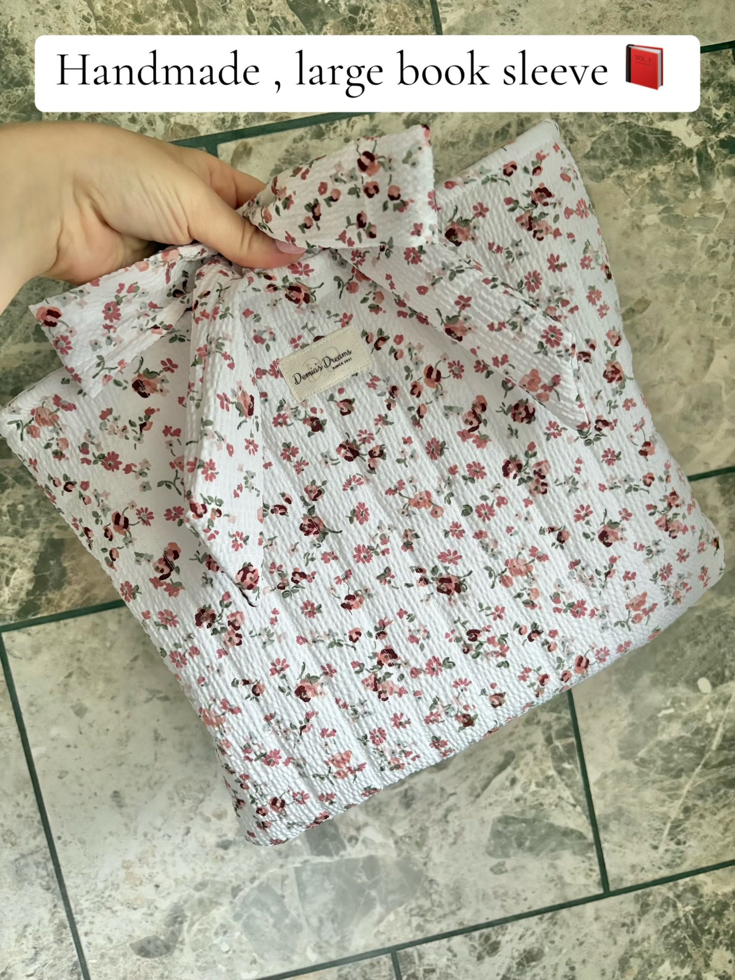 Large handmade book sleeve with matching bow - Ditsy