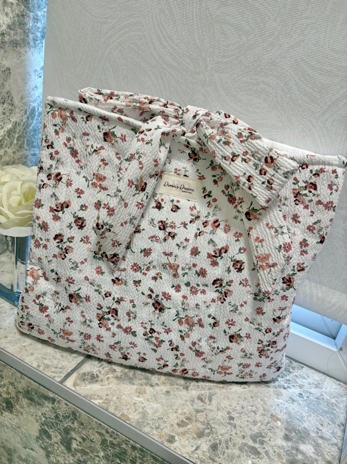 Large handmade book sleeve with matching bow - Ditsy
