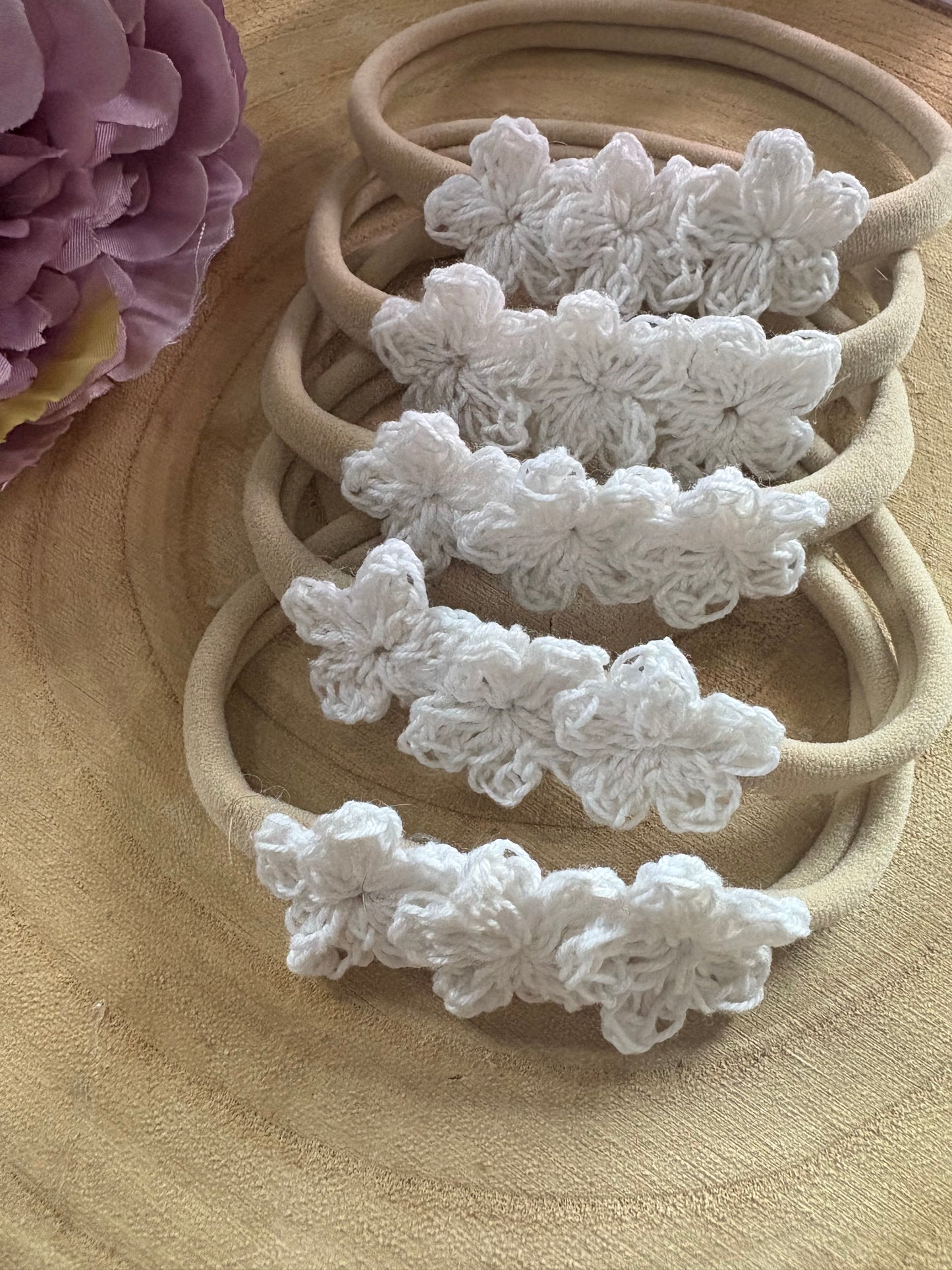 Super soft nylon headbands with handmade crochet, flowers.
