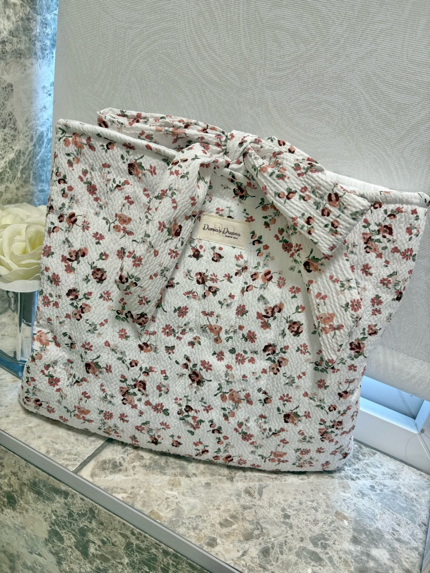 Large handmade book sleeve with matching bow - Ditsy