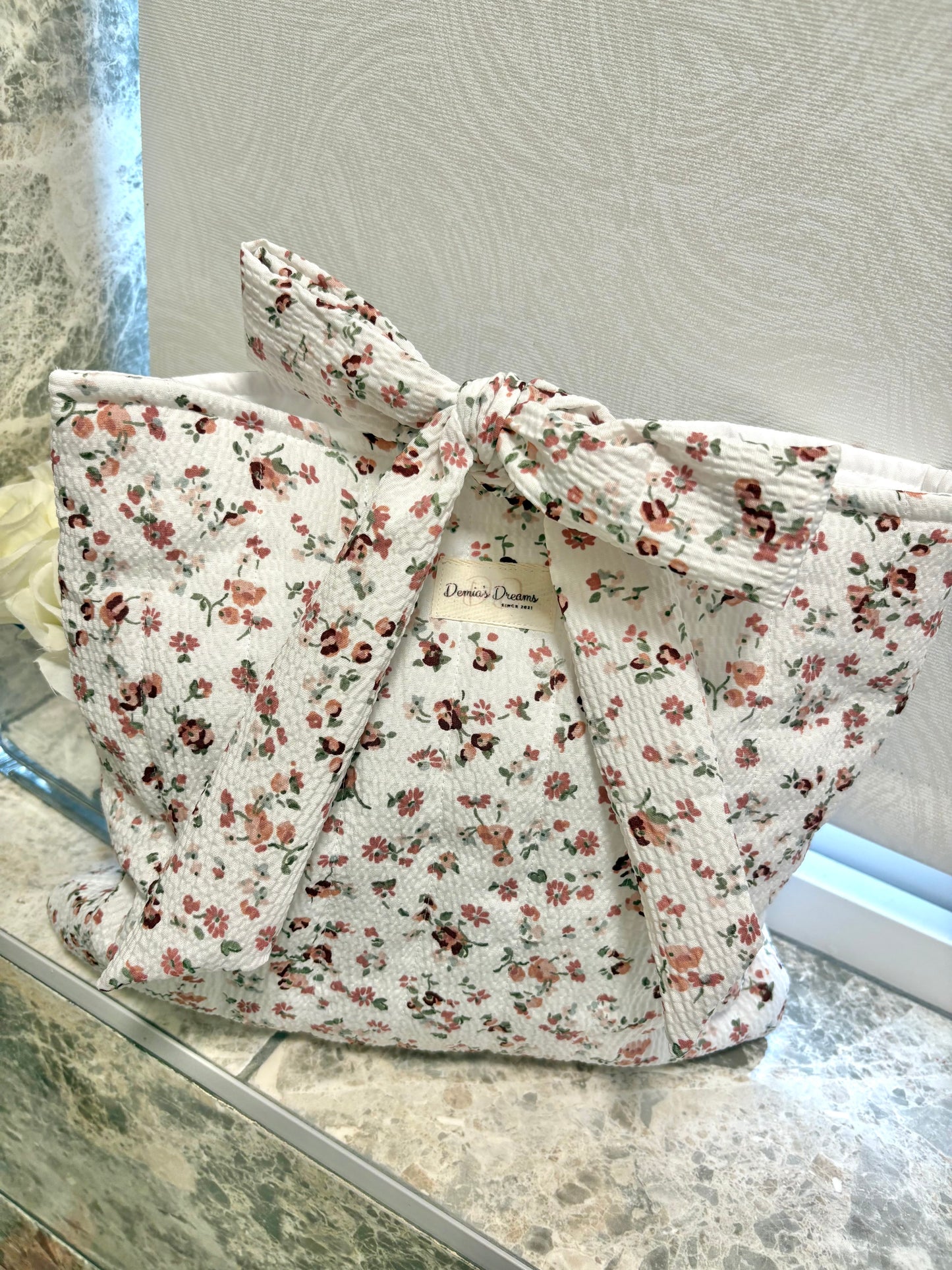 Large handmade book sleeve with matching bow - Ditsy