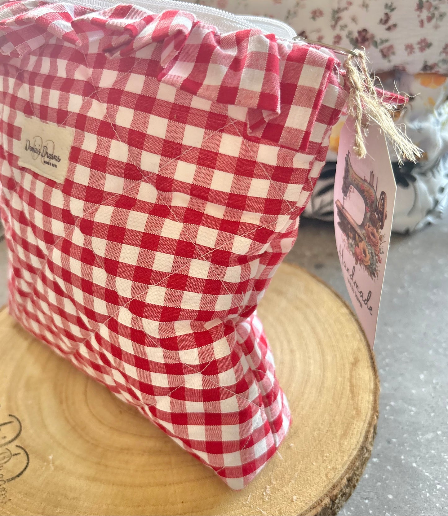 Red gingham toiletry bag with ruffle