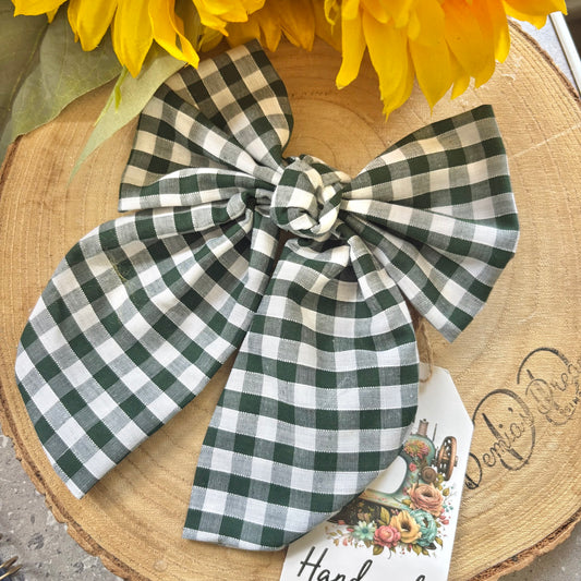 Green gingham handmade hair bow