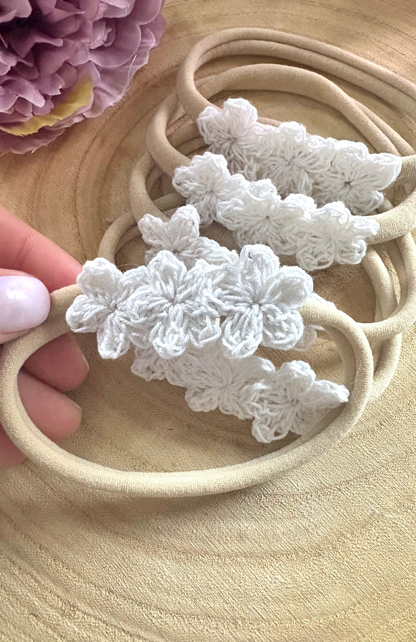 Super soft nylon headbands with handmade crochet, flowers.