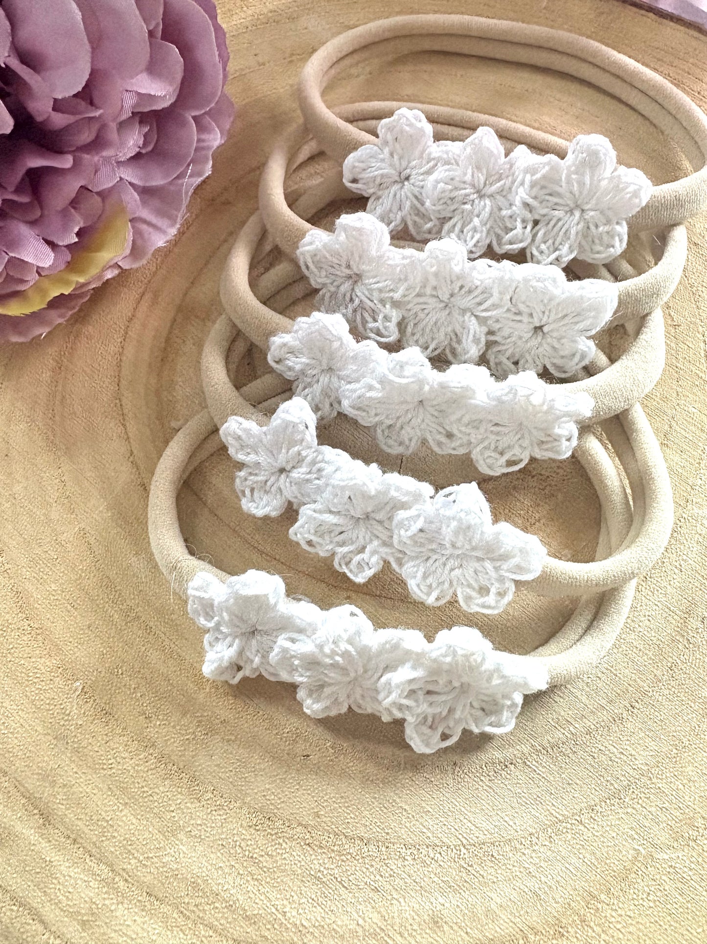 Super soft nylon headbands with handmade crochet, flowers.
